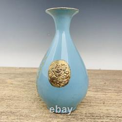 8.8 Chinese Porcelaine Song Dynastie Ru Four Bleu Glaçure Argent Doré Yuhuchun Vase