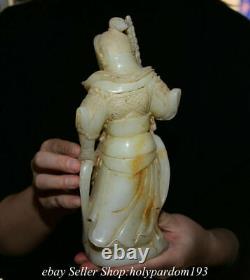 8.8 Vieux Chinois Blanc Jade Sculpté Fengshui Porte-dieu Qin Shubao Statue