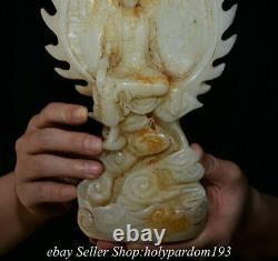 8.8 Vieux Chinois Jade Blanc Sculpté Kwan-yin Guan Yin Déesse Backlight Statue