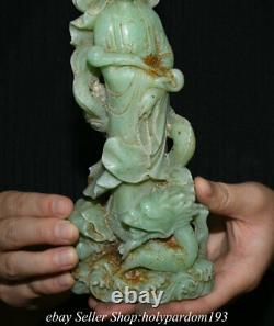 8.8 Vieux Chinois Natural Green Jade Carving Kwan-yin Guan Yin Goddess Dragon