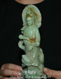 8.8 Vieux Chinois Natural Green Jade Carving Kwan-yin Guan Yin Goddess Dragon