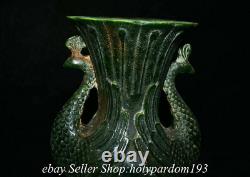 8.8 Vieux Chinois Vert Jade Sculptée Dynasty Double Vase De Bouteille Phoenix