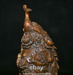 8 Ancienne statue en bois de buis chinois sculpté de phénix Fenghuang, oiseaux et fleurs de chance