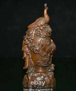 8 Ancienne statue en bois de buis chinois sculpté de phénix Fenghuang, oiseaux et fleurs de chance
