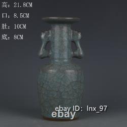 8 Antiquités Chinoises Song Official Kiln Porcelaine Azure Glaçure Bouteille D'oreille Phoenix