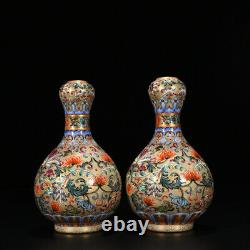 8 Chine Porcelaine Qing Dynastie Qianlong Marque Une Paire De Couleurs Émails Lotus Vase