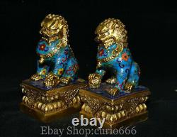 8 Statue de Paire de Lions de Garde Fu Fengshui en Cuivre émaillé Cloisonné Chinois