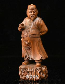 8 Vieil Boxwood Chinois Mampon Sculpté Richesse Monétaire Dieu Statue Sculpture
