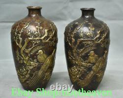 8 Vieille Paire De Vase En Bronze De Fleur D'oiseau Gilt Peach