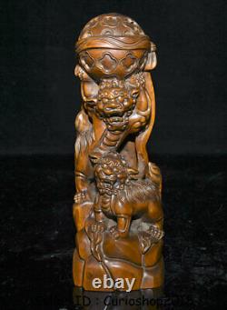 8 Vieux Chinois Boxwood Bois Sculpté Fengshui Foo Fu Dog Guardion Lion Ball Statue