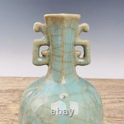 9.1 Chinois Porcelaine Chanson Dynastie Ru Kiln Marque Cyan Glace Crack Double Oreille Vase