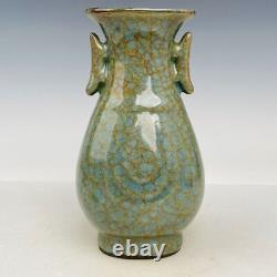 9.1 Vieux Chinois Porcelaine Chanson Dynastie Guan Four Cyan Glace Crack Double Oreille Vase
