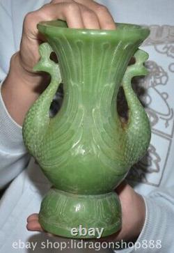 9.2 Ancienne tasse bouteille vase statue en jade vert chinois sculpté de phénix Zun