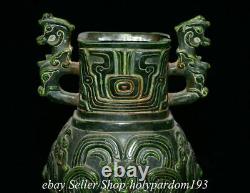 9.2 Old Chinese Green Jade Sculpté Fengshui Dragon Beast Double Jarre De Bouteille D'oreille T