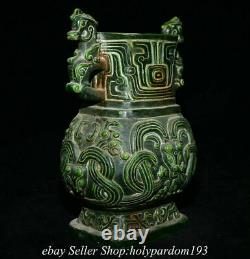 9.2 Old Chinese Green Jade Sculpté Fengshui Dragon Beast Double Jarre De Bouteille D'oreille T