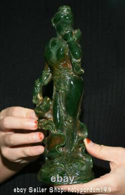 9.2 Vieux Jade Verte Chinoise Carving Belle Femme Lotus Statue Sculpture