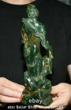 9.2 Vieux Jade Verte Chinoise Carving Belle Femme Lotus Statue Sculpture