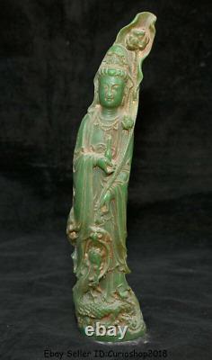 9.4vieille Jade Verte Chinoise Sculptée Kwan-yin Guan Yin Déesse Lotus Statue