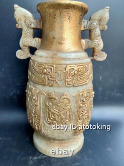 9 Antiquités Chinoises Vieux Contour De Jade En Or Statue De Tête D'animal Bouteille Binaurale