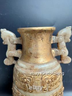9 Antiquités Chinoises Vieux Contour De Jade En Or Statue De Tête D'animal Bouteille Binaurale
