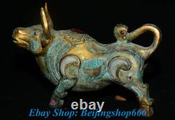 9 Chinen Cuivre Or Gilt Inlay Turquoise Gem Jade Zodiac Bull Oxen Sculpture