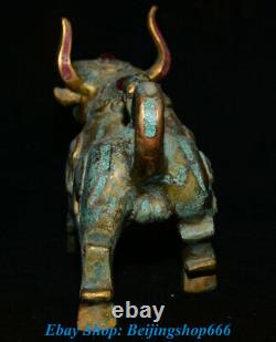 9 Chinen Cuivre Or Gilt Inlay Turquoise Gem Jade Zodiac Bull Oxen Sculpture