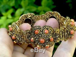 A + Antique Chinese Export Gilt Argent Corai Bracelet Boucles D'oreilles Bague & Broche Set