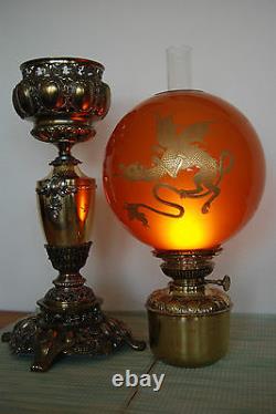 Ancien Banquet D'huile Vieux Kérosène Verre Ambre Dragon Chinois Japonais Lampe Asiatique