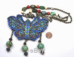 Ancien Chinois En Argent Sterling Émail Papillon Verrouillage Turquoise Corail Collier De Perle