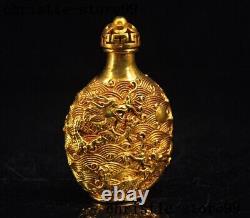 Ancienne Chine, statue de flacon à tabac en bronze chinois doré à l'or 24 carats avec dragon propice