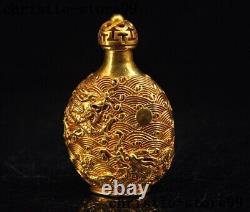 Ancienne Chine, statue de flacon à tabac en bronze chinois doré à l'or 24 carats avec dragon propice