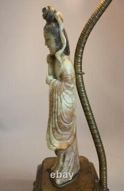 Ancienne Vintage Chinois Sculpté Savon Pierre Statue Figurine Lampe De Table Asiatique