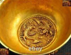 Ancienne statue de poisson-dragon en bronze chinois doré à l'or 24 carats avec incrustation de pierres précieuses, tasse à thé et bols