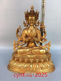 Anciennes antiquités chinoises : Statue en cuivre pur doré de la Guanyin Tara Bouddha à quatre bras
