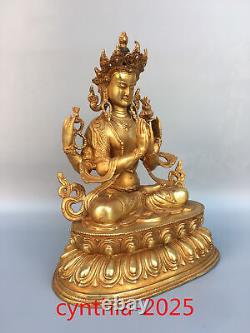 Anciennes antiquités chinoises : Statue en cuivre pur doré de la Guanyin Tara Bouddha à quatre bras