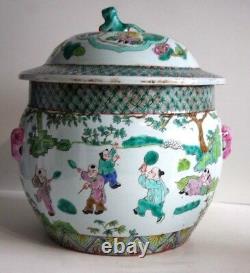 Antique 18-19 C Porcelaine Chinoise Famille Rose Grand Pot LID Marqué 9,5'' Tall