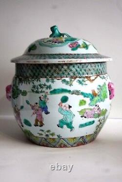Antique 18-19 C Porcelaine Chinoise Famille Rose Grand Pot LID Marqué 9,5'' Tall