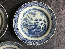 Antique 3 Plaques Chinoises Porcelaine Bleue Plantes Blanches Fleur Asiatique Rare19ème