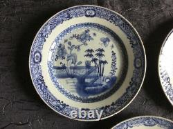 Antique 3 Plaques Chinoises Porcelaine Bleue Plantes Blanches Fleur Asiatique Rare19ème