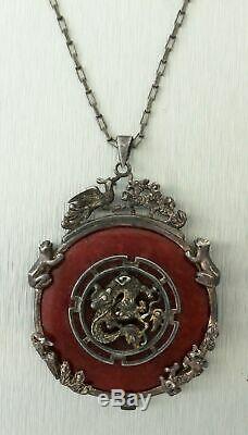 Antique 925 Domaine Chinois Argent Rouge Dragon De Jade Pendentif Collier
