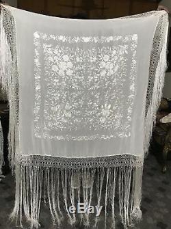 Antique Broderie Main Chinoise Piano Shawl 43 X 44 Fringe 24