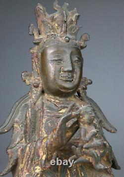 Antique Chinese Bronze Statue Figure Buddha Kwanyin Lady Lion Gilt Ming 17th