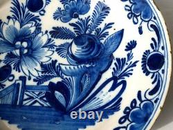 Antique Chinese Dish Delft Faïence Bleu Camaieu Terrestre Fleur Barrière 18ème