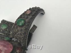 Antique Chinese Export Argent Jade Et Tourmaline Rose Filigrane Bracelet, Superbe