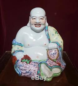 Antique Chinese Grand Porcelaine Famille Rose Bouddha Statue Début Du 20e Siècle