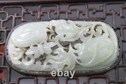 Antique Chinese Jade Néphrite Blanc Celadon Plaque Écran En Bois Ming 17ème 19ème