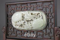 Antique Chinese Jade Néphrite Blanc Celadon Plaque Écran En Bois Ming 17ème 19ème