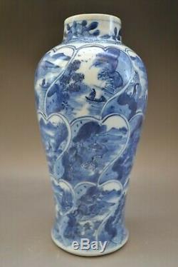Antique Chinese Vase En Porcelaine Bleu Et Blanc Paysage Kangxi Période