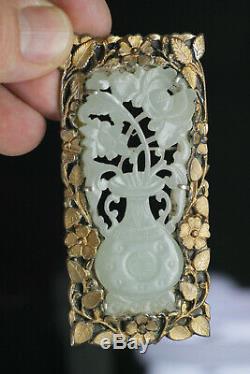 Antique Chinois 19thc Pâle Céladon Jade Flower Vase Plaque En Métal Doré Mont