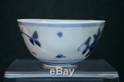 Antique Chinois Bleu Blanc Porcelaine Bowl Wanli Mark & ​​période Oiseaux Peaches Ming